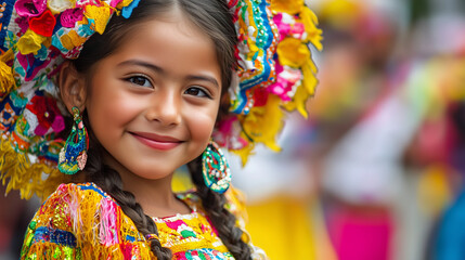 Fototapeta premium Young Girl in Traditional Colombian Dress Dancing Joyfully in Bicentenario de la Independencia Parade – Cultural Festival Highlighting Colombian Pride, Tradition, and Youthful Celebration