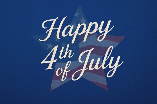 “Happy 4th of July” in elegant white italic font on a bright indigo background with a delicate star-shaped American flag watermark and soft natural lighting, capturing a festive patriotic mood.

