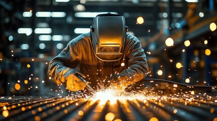 Person welding metal with protective helmet and gloves surrounded by bright sparks in industrial workshop with blurred background
