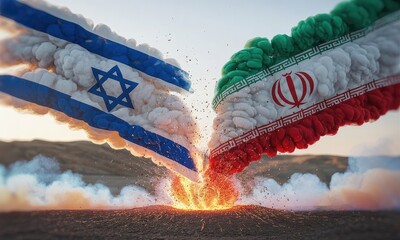 Symbolic image of two flags colliding in fiery explosion