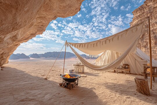 Tranquil Desert Campsite with Tent and Fire Pit Surrounded by Breathtaking Mountains and Cloudy Sky, Ideal for Adventure and Relaxation in Nature