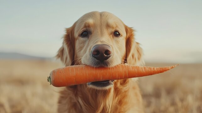 Golden Retriever dog holding a large carrot in its mouth outdoors.