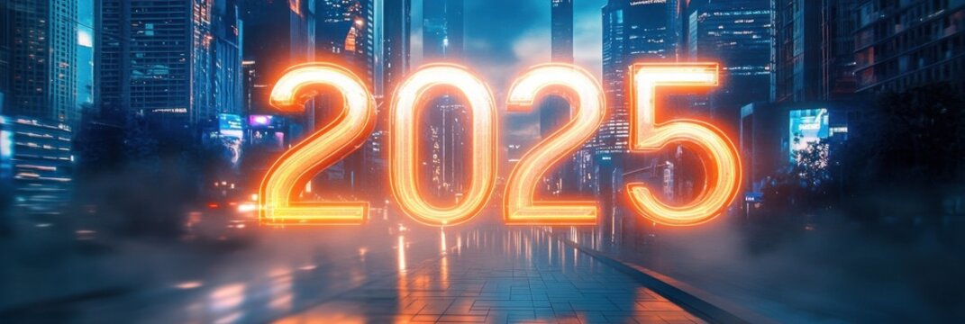 Futuristic cityscape at night with glowing orange 2025 numbers illuminated on a wet reflective street surrounded by tall skyscrapers and misty atmosphere - Powered by Adobe