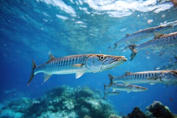 Fototapeta premium Underwater Scene Featuring a School of Barracuda Swimming Gracefully in Crystal Clear Tropical Waters Surrounded by Vibrant Coral Reef and Sunlight Rays