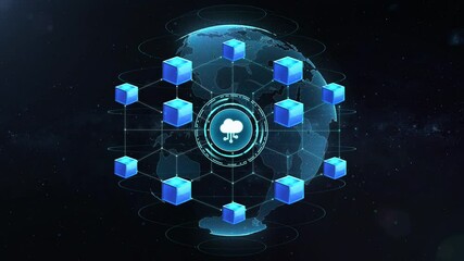 Global communication concept. Modern technology concept for cloud computing, Database, Datacenter, artificial intelligence, and blockchain technology with global and glowing background - Powered by Adobe