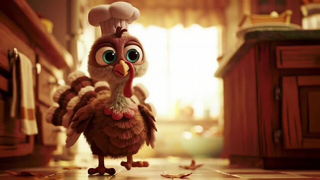 Cute cartoon turkey chef in cozy kitchen setting thanksgiving theme illustration