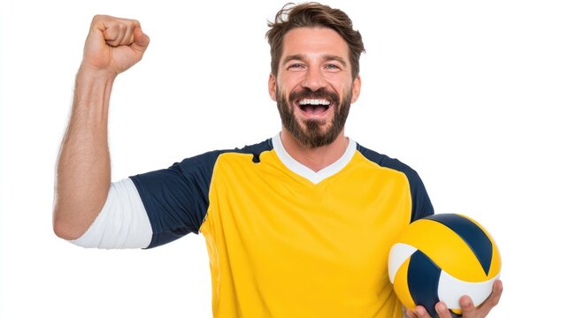 Happy Male Volleyball Player Celebrating with a Ball in Hand