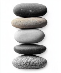 Stack of five smooth oval stones in varying shades of gray balanced vertically on a white background representing calm and balance