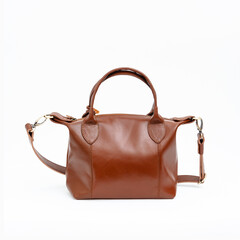 Beautiful shiny brown leather bag isolated on white background, Perfect for leather products...