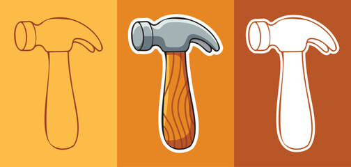 Three types of Cartoon Style Sticker of Hammer with Wood Handle