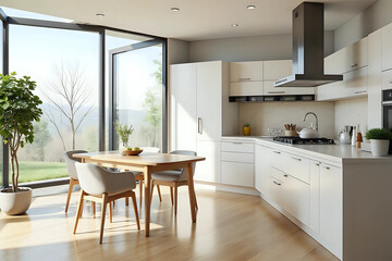 Interior of modern kitchen with large windows and dining table. 3d rendering.