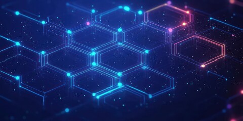 Fototapeta premium Glowing blue and pink interconnected hexagonal network pattern on dark background with futuristic digital and technological vibe