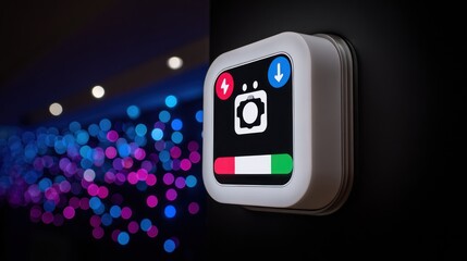 Square illuminated control panel against dark backdrop with blurred lights