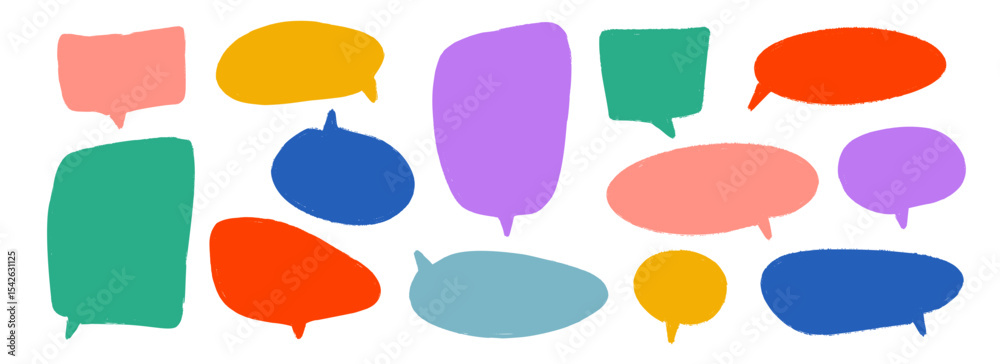 Poster Colored hand drawn speech bubble collection. Doodled dialog box set. Scribbled textured marker comic talk frames. Red, yellow, green balloon text box bundle. Bright sketched chat boxes pack. Vector 