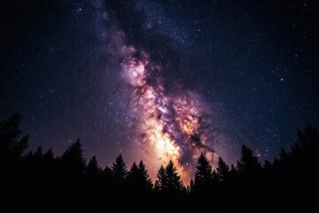 Bright and dense starry sky with the Milky Way galaxy glowing above dark silhouettes of pine trees in a clear night