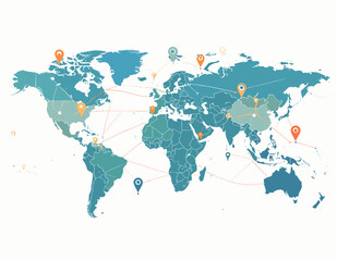 Abstract Teal and Orange World Map with Global Network Connections Depicting International Communication and Digital Technology