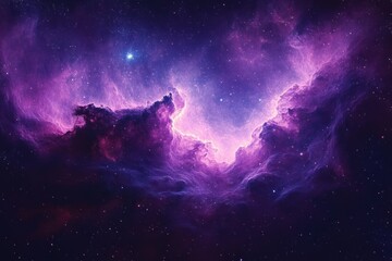 Fototapeta premium Vibrant purple and pink cosmic nebula with glowing gas clouds and sparkling stars in deep space