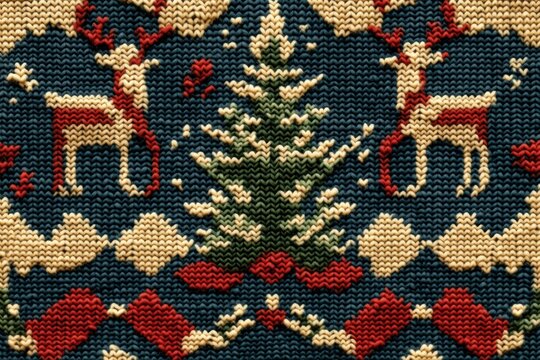 Knitted fabric with holiday-themed pattern featuring Christmas trees, reindeer, and snowflakes in red, green, cream, and blue colors