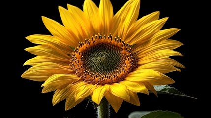 Fototapeta premium Vibrant sunflower in close-up against a black background, showcasing intricate details of its petals and center