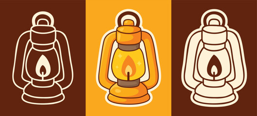 Three Types of Cartoon Style Sticker of Vintage Lantern