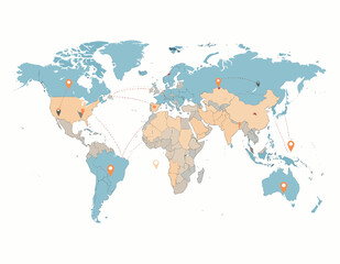 Obraz premium Pixelated World Map Depicting Global Connections and Locations on White Background with Orange and Blue Palette
