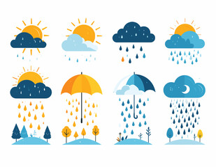 Pixelated Weather Icons Featuring Sun Clouds and Rain in Blue Yellow and White Colors Depicting Various Atmospheric Conditions