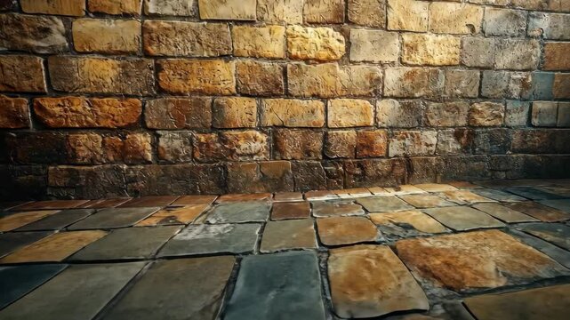 Rustic stone wall and tile floor background.  Warm lighting accentuates texture and color variations in the aged materials