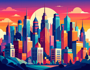 Vibrant Pixel Art Cityscape at Sunset with Colorful Buildings and Geometric Design