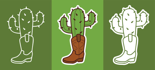 Three Types of Cartoon Style Sticker of Cowboy Inside the Boots