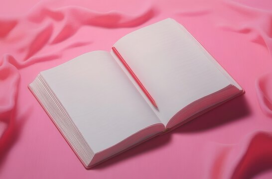 Open blank notebook with lined pages and a single red pencil resting in the middle on a soft pink fabric background