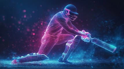 Futuristic glowing wireframe 3D digital illustration of a cricket player in batting pose with helmet and protective gear in neon blue and pink colors on dark background