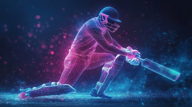 Futuristic glowing wireframe 3D digital illustration of a cricket player in batting pose with helmet and protective gear in neon blue and pink colors on dark background