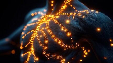 Close-up of a futuristic human torso with glowing orange lights embedded along muscle lines, highlighting a sleek and high-tech design