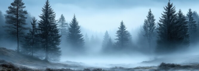 Hidden woodland enveloped in thick white mist reveals tall trees and serene landscape at dawn