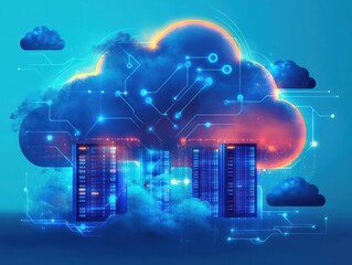 Futuristic digital cloud with glowing circuitry overlay and data center servers embedded within, symbolizing cloud computing and advanced technology networking