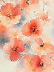 Soft watercolor painting of delicate coral and peach colored flowers with gentle black stamens on a light background evoking calmness and elegance