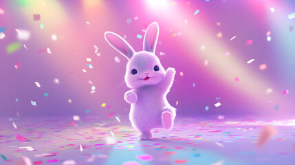Adorable cartoon bunny with soft fur dancing under rainbow spotlights, confetti particles floating around, loopable 2D animation frame, pastel color palette --ar 16:9