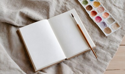 Photorealistic Minimal soft light still life, open sketchbook with half-finished watercolors, brush resting across pages,  Generative AI