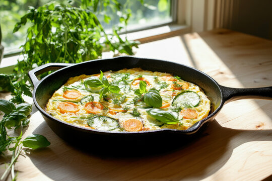 Zero Waste Vegetable Frittata in Cast Iron Skillet with Fresh Herbs