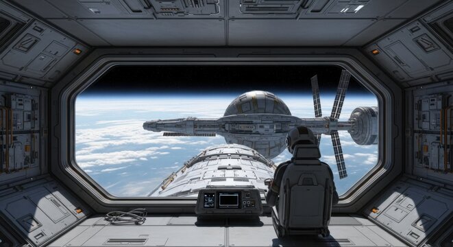 Astronaut Looking at Space Station View Outside