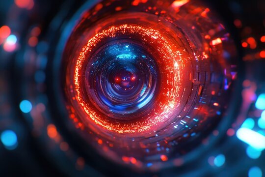Abstract tunnel with vibrant rings of light and particles