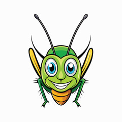 Cartoon grasshopper with green body and big blue eyes smile