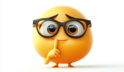 cute shy emoji character with large brown eyes wearing black glasses holding finger to lips in a quiet gesture