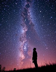 Obraz premium A person stands silhouetted against a starry night sky with the Milky Way galaxy prominently visible, evoking wonder and cosmic connection.