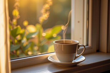 Obraz premium A steaming cup of coffee sits on a windowsill, bathed in warm morning sunlight with blurred green foliage outside.