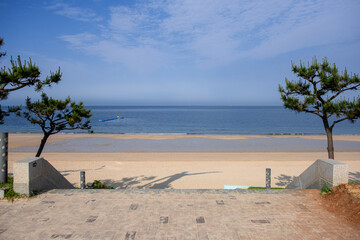 Amazing seashore sunrising,endless horising and  sea waves beats on a sand shore with foam.