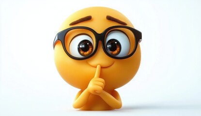 Cute 3D emoticon with big brown eyes and black glasses making a shushing gesture with finger on lips expressing silence or secrecy