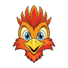 Cartoon phoenix head with orange feathers and blue eyes
