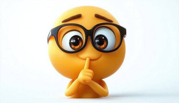 Cute 3D emoticon with big brown eyes and black glasses making a shushing gesture with finger on lips expressing silence or secrecy