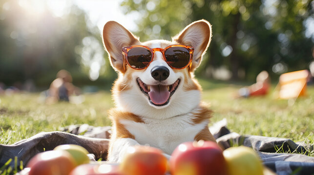 Close-Up of Stylish Corgi Wearing Sunglasses While Enjoying Apple Picnic for International Corgi Day, Featuring Adorable Dog Expression, Fresh Fruits, and Outdoor Celebration of Pet Lifestyle